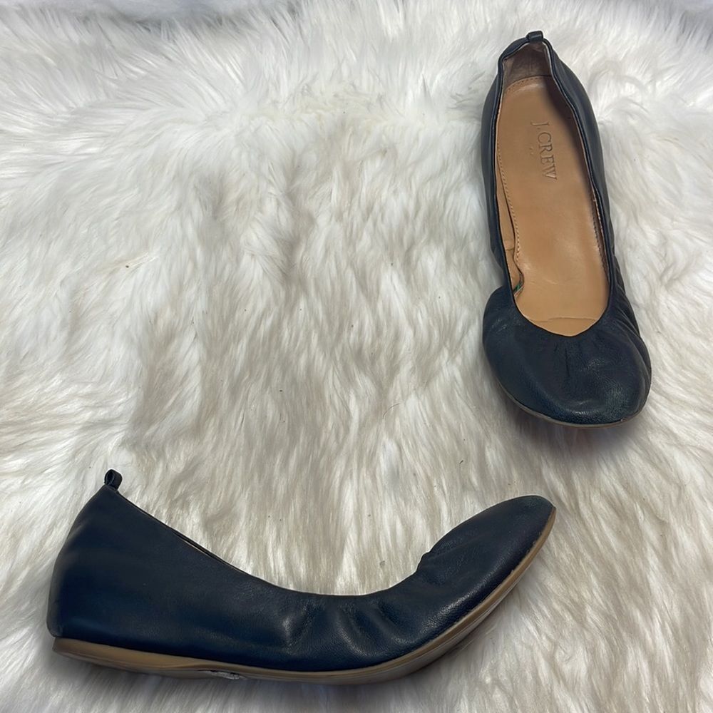 J. Crew Anya Black Leather Scrunch Ballerina Flats‎ Sz 10